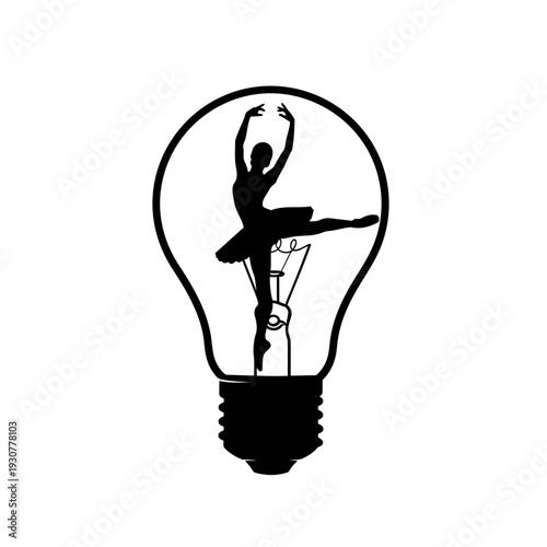 A creative illustration of a ballerina inside a lightbulb on a white background