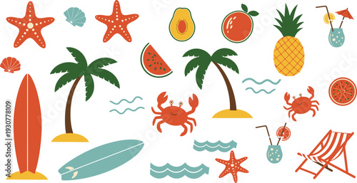 Colorful beach icons including palm trees surfboards and tropical fruit