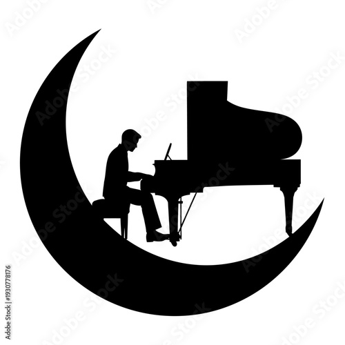 A silhouette of a man playing a grand piano on the moon