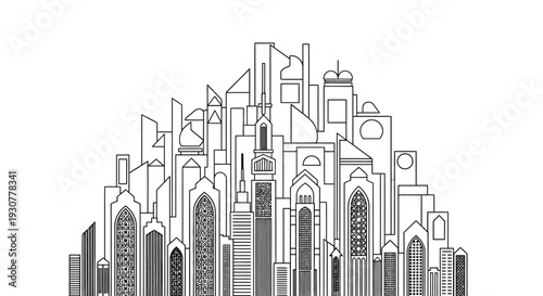 City skyline, urban landscape, gray illustration, cityscape silhouette, architectural icons
