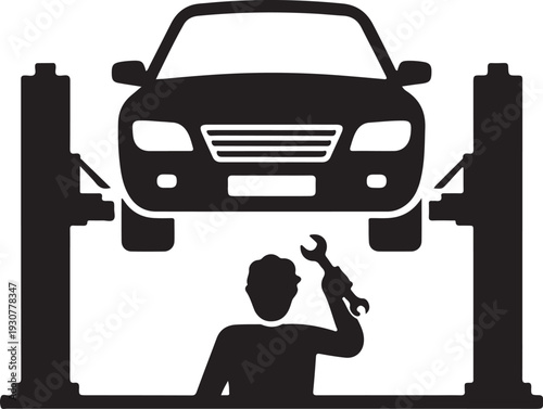 Car on lift and mechanic icon, vector. Car service repair simple illustration