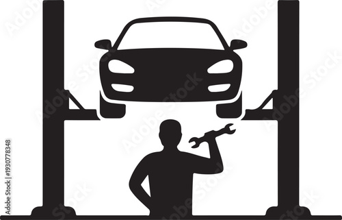 Car on lift and mechanic icon, vector. Car service repair simple illustration
