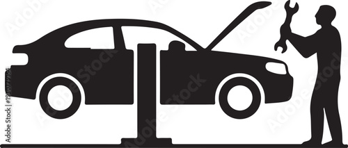 Car on lift and mechanic silhouette icon, vector. Car service repair simple illustration
