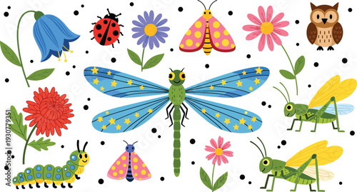 Cute Garden Insects and Flowers Set with Dragonfly Ladybug Grasshopper Owl and Colorful Nature Elements