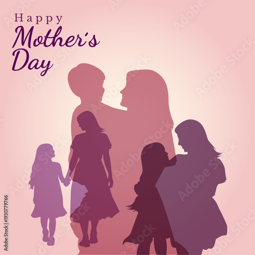Mother’s Day Silhouette Card Design with Mom and Children on Pastel Gradient Background