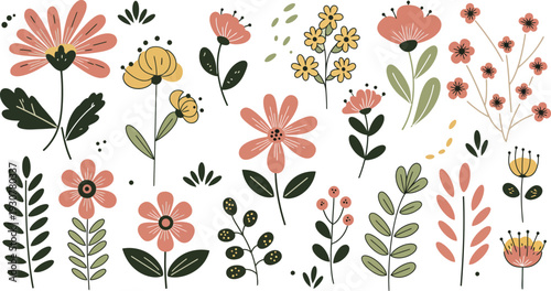 Colorful floral illustrations of various flowers and foliage on white background