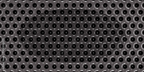 Texture of metal black mesh with round holes on a white background. Background made of metal perforated mesh