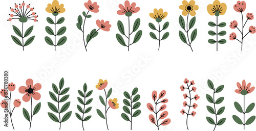 Collection of colorful flowers and plants with green leaves on white background