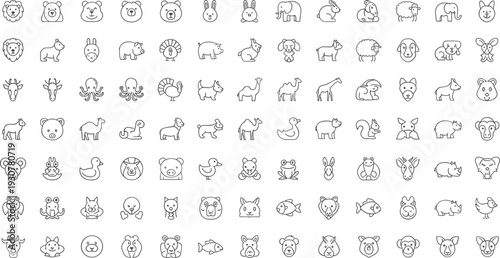 Minimal Animal Line Icons Set Vector Collection with Wildlife Farm and Pet Outline Symbols