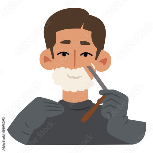 Man shaving his beard with a straight razor