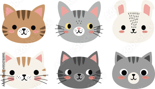 Cute cartoon faces of domestic cats and rabbits side by side