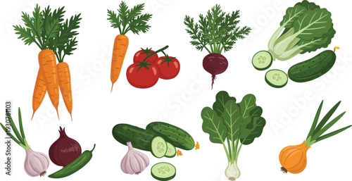 Assorted colorful vegetables including carrots cucumbers tomatoes and leafy greens on white background