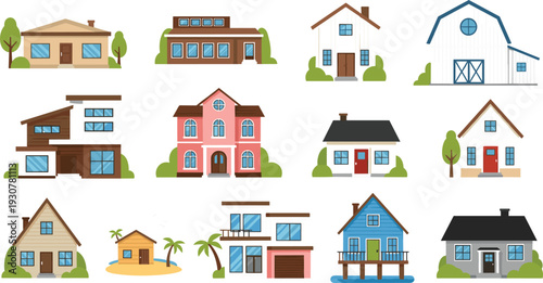 Residential House Collection Vector Illustration with Modern, Cottage, Farmhouse, Beach and Suburban Home Exterior Designs