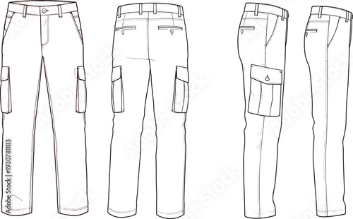 Fashion technical sketch of men cargo pants, front, back and side views, vector line art template for apparel design and manufacturing