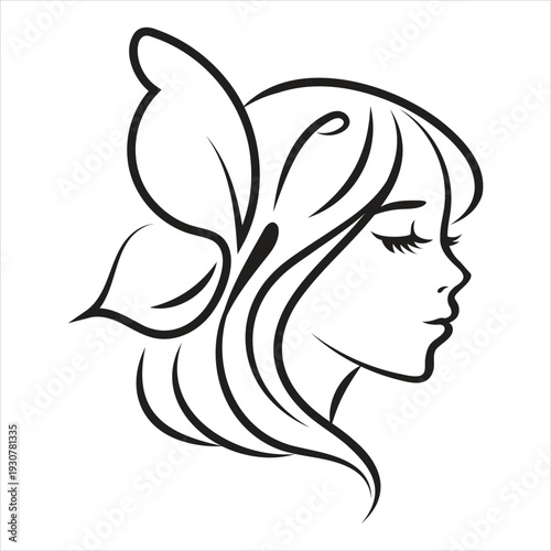 Black line drawing of a woman's face with a flower in her hair