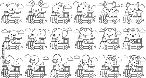 Cute Animal Train Coloring Page Vector Set with Bear Bunny Elephant Tiger Fox Duck Giraffe Line Art Illustration