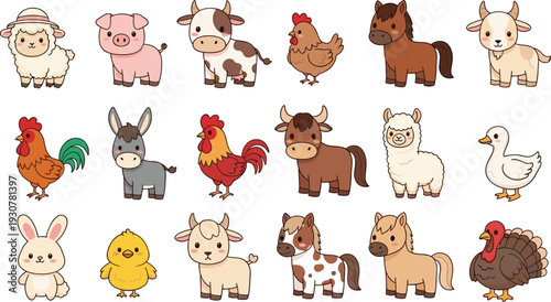 Cute Farm Animals Cartoon Vector Set with Cow Pig Horse Sheep Goat Chicken Duck Turkey Donkey Characters