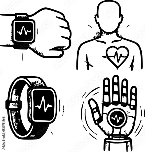 Set of wearable health technology icons, smartwatch with heart rate pulse, human body biometrics, and robotic bionic hand, hand drawn doodle style vector illustration