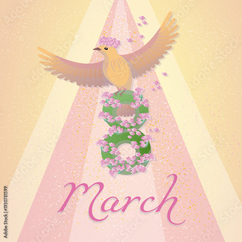 A spring card on the eighth of march, a dove bird on the 8 number with small flowers, women's day