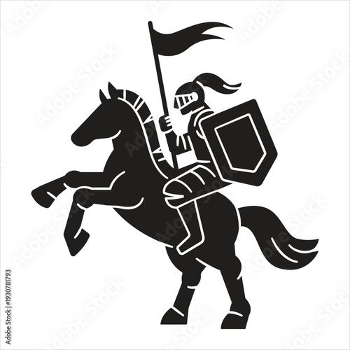 Medieval knight on horseback with flag and shield in battle