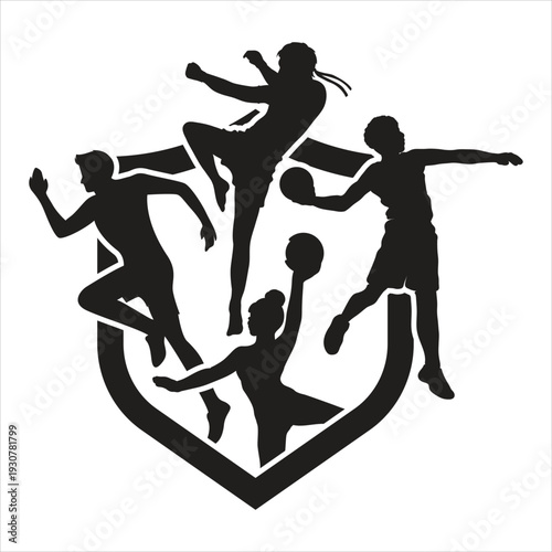 Silhouette of diverse athletes in motion on shield logo background