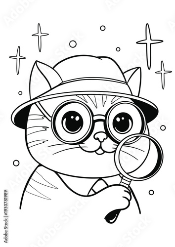 Cute cartoon cat detective wearing a fedora hat and round glasses, holding a magnifying glass, in a black and white coloring page style.
