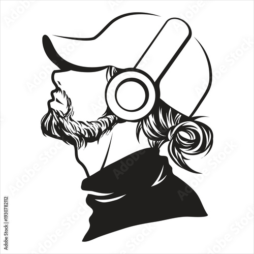 Vintage pirate profile with bandana and headgear illustration