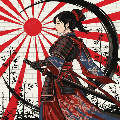 Empowered Female Samurai Warrior with Katana and Rising Sun Illustration