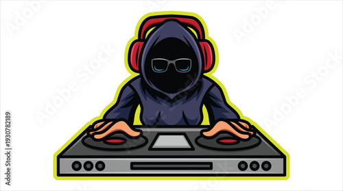 DJ in hoodie wearing red headphones playing music on console