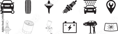 Car repair and maintenance services thin line icon set with auto parts and garage tools.
