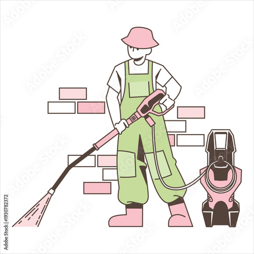 Man in green overalls using a floor scrubber machine on bricks