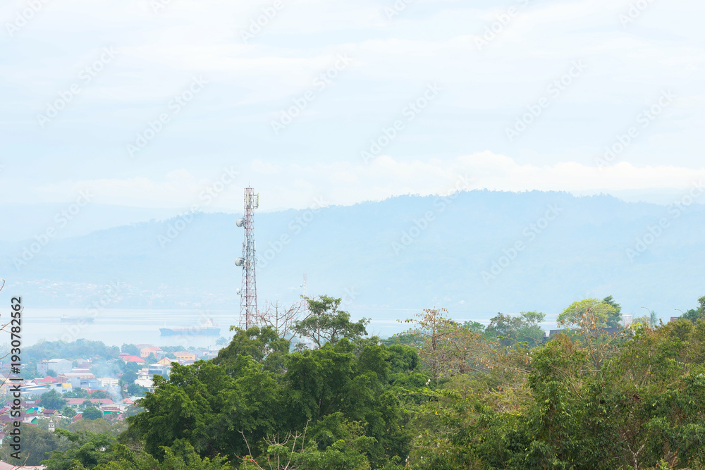 Obraz premium green forest view with hill and city background on the side