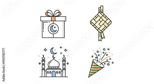 Icon Set Happy Eid Mubarak, modern flat vector showing family happiness, generosity, and joyful Eid Mubarak celebration