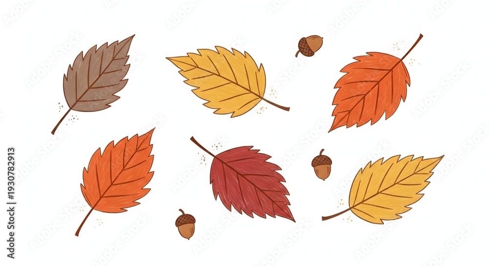 Fototapeta premium Autumn leaves and acorns scattered across a white background, showcasing fall colors