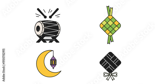 Icon Set Happy Eid Mubarak, modern flat vector showing family happiness, generosity, and joyful Eid Mubarak celebration