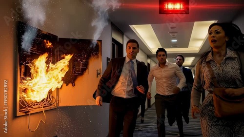 Men and woman fleeing burning electrical panel in smoky office corridor during fire alarm. Emergency evacuation concept.