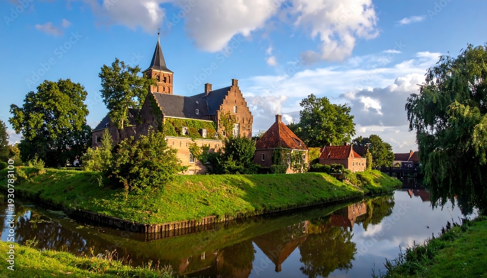 Naklejka premium Picturesque medieval castle surrounded by a moat in Damme, Belgium.
