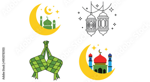 Icon Set Happy Eid Mubarak, modern flat vector showing family happiness, generosity, and joyful Eid Mubarak celebration