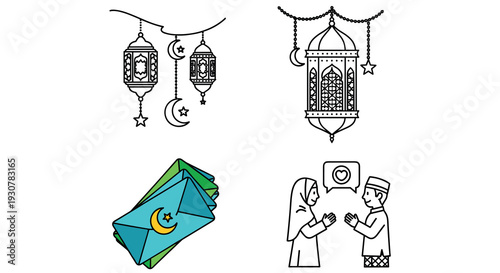 Icon Set Happy Eid Mubarak, modern flat vector showing family happiness, generosity, and joyful Eid Mubarak celebration