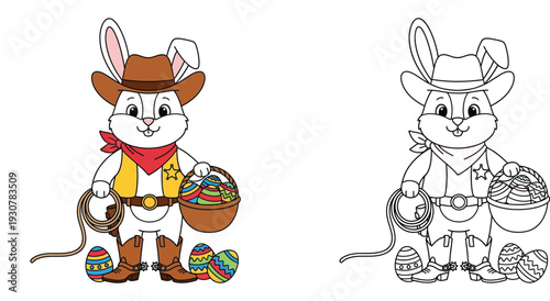 Cute Cowboy Easter Bunny with Basket of Decorated Eggs - Perfect for Western-Themed Easter Celebrations