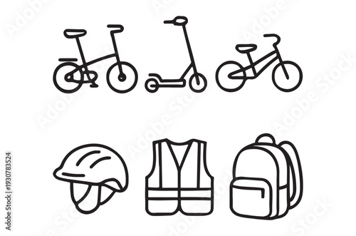 Line art illustration of bicycles scooter helmet vest and backpack