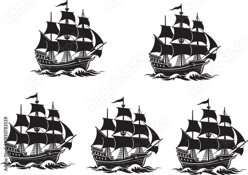 Silhouette vector illustration of old sailing ships, multiple sails and flags, nautical exploration concept, maritime history design, ocean travel graphic, classic vessel art