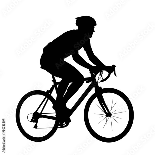 Silhouette of a cyclist riding a road bike in profile against a white background.