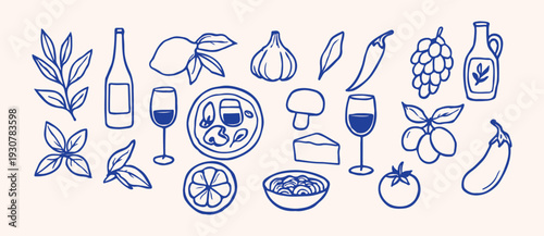 Mediterranean Food Icons Set – Herbs, Wine, Pasta, Cheese, Healthy Cuisine