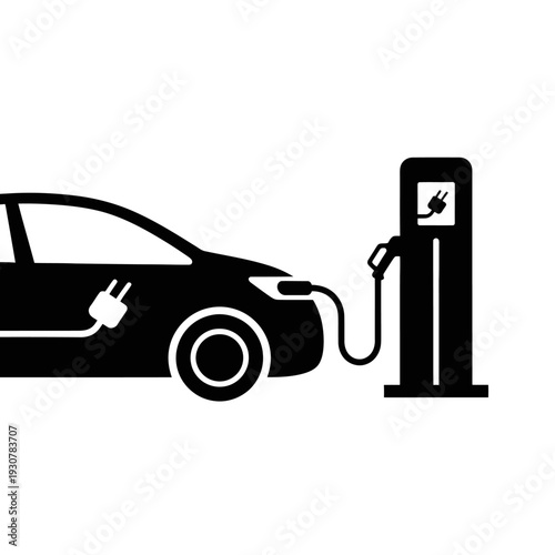 Electric car charging at a public charging station with a plugged-in connector.