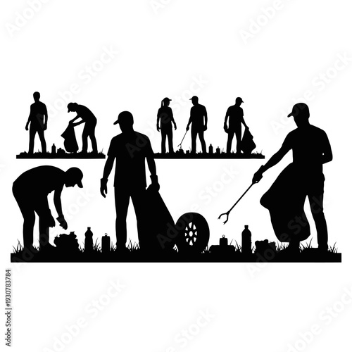 Silhouetted group of gardeners tending plants and landscaping outdoors.