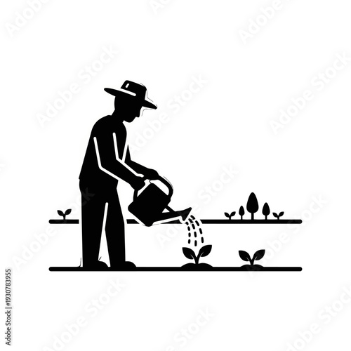 Silhouette of a Gardener Watering Plants in a Garden Bed.