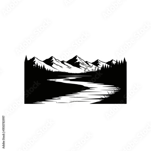 Snowy Mountains and River Valley Landscape with Trees at Dusk.