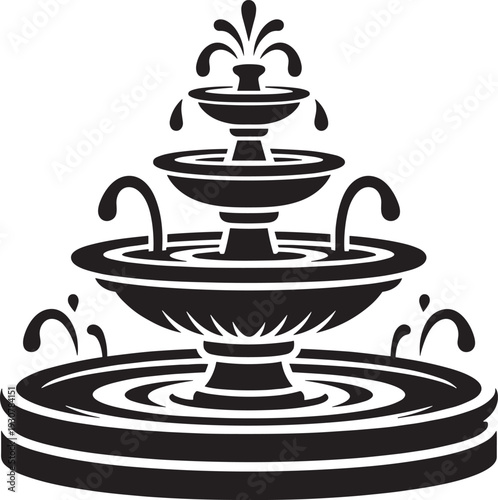 Silhouette vector illustration of tiered water fountain, decorative garden feature, flowing streams and droplets, classic courtyard design, outdoor architecture concept, ornamental graphic