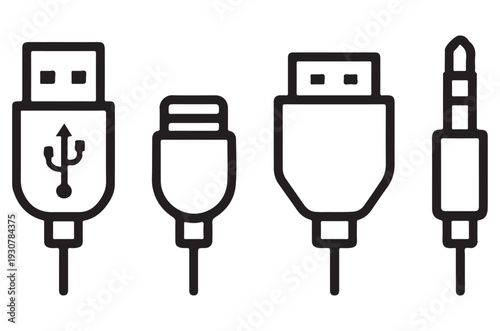 A collection of common data transfer and audio connection port icons
